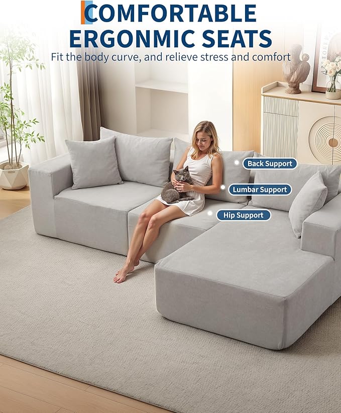 108" Modular Sectional Sofa,Cloud Couch Sectional with Right Chaise | Fluffy Compressed l Shaped Sofa for Living Room | Boneless Couch & Sofa Bed Design,No Assembly Required, Beige