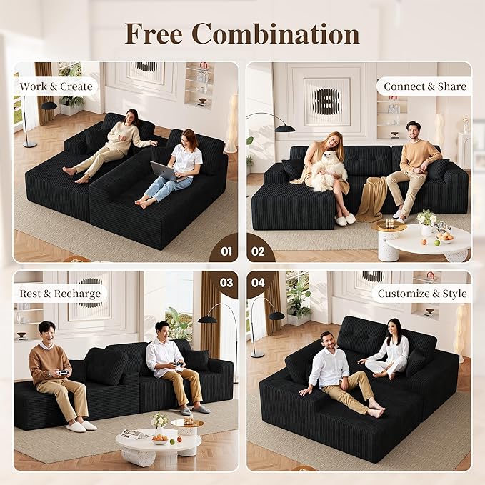 Ball & Cast 106" Boneless Sectional Sofa, Corduroy Modular L Shaped Couch with Deep Seat Chaise, Cloud Style Oversized Sectional Couch for Living Room, No Assembly, Left Facing, Black