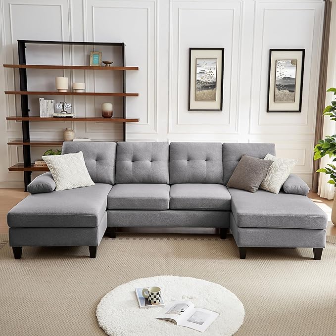 111" Sectional Couch for Living Room, Modern Polyester Fibre U Shaped Sofa Couches with Double Chaise, Upholstered 4 Seater Sofa for Living Room, Apartment, Office, Light Grey
