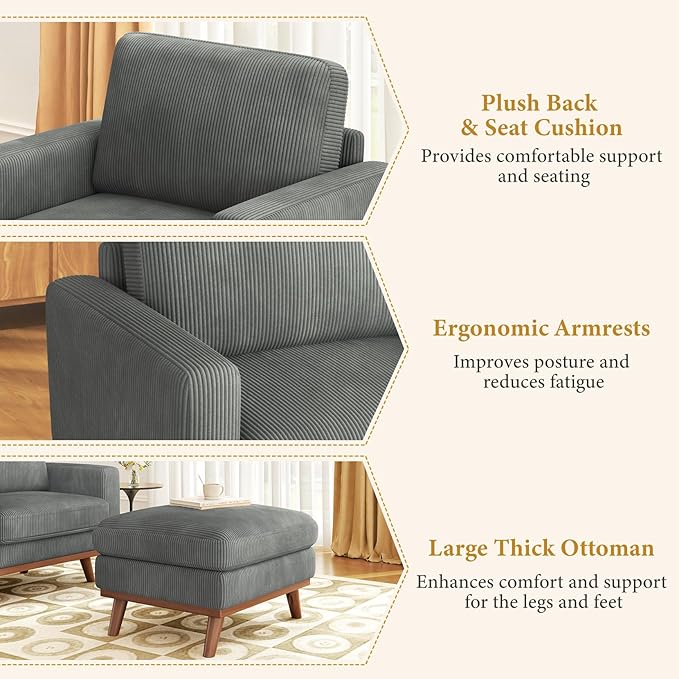 Vesgantti 38.5" Accent Chair with Movable Ottoman, Comfy Corduroy Armchair with Spring Cushion, Reading Chair with Ottoman, Modern Single Sofa for Living Room, Bedroom and Apartment, Dark Gray