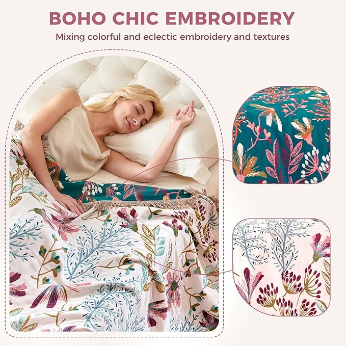 LUTBM Boho Throw Blanket for Bed Cotton Spring Blankets Bedroom Living Room Twin All Season Lightweight Floral Embroidery Quilt for Couch Sofa Chair 60"x80"