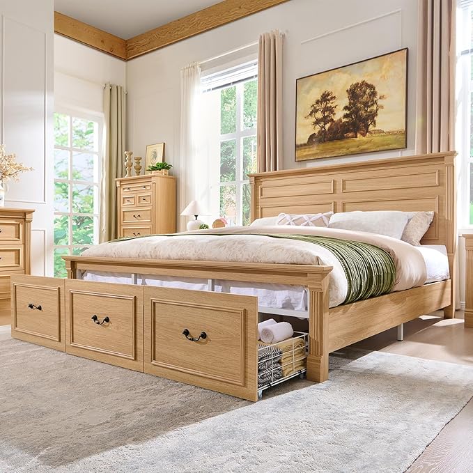 Aitjunz Farmhouse King Size Bed Frame with 51" Tall Headboard, Wood Platform Bed Frame with 20" Tall Roman Column Decoration Footboard & 3 Large Storage Drawers, No Box Spring Needed (Natrual)