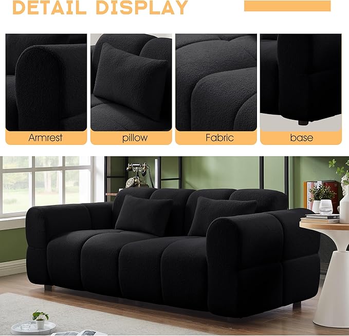 80" Modern Sofa Couch, Comfy Deep Seat Lambswool Cloud Sofa, Upholstered 3-Seater Boucle Couch, Oversized Loveseat for Living Room, Bedroom, Office, Apartment(Black)