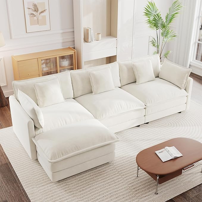 mikibama Modular Sectional Sofa, 111.5 Inch L Shaped Couch Set for Living Room, 3-Seater Comfy Cloud Couches with Movable Ottoman, DIY Combination, Chenille, Beige