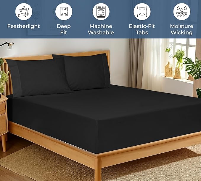 Royale Linens 100% Organic Cotton Fitted Sheet - Percale Weave - Super Soft Deep Pocket Bottom Sheets - Black Elastic Sheet Queen Size - Queen Fitted Sheets Only - (60"x80"+15", Black)