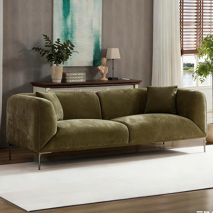 82.68" Modern Upholstered Sofa with Straight Design, Full and Soft Seating, Includes 2 Throw Pillows, 3 Seats,Fabric Couch with Metal Legs for Living Room, Office, Apartment (Green)