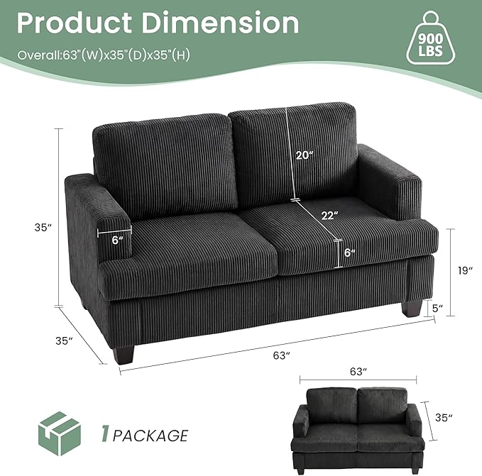 2 Pieces Corduroy Couch Set for Living Room, Black Cloud Sofa, Deep Seat Floor Couch for Bedroom, Futon Modern Sofa Sectional Bed, Black Corduroy