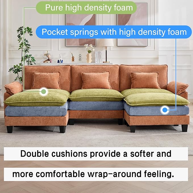 120" Modular Sectional Sofa, Comfy Cloud Couch Sectional Sofa with Ottoman, Chenille Sofa Sleeper Deep Seat Sofa with Throw Pillows for Living Room (Orange, 120"- U Shape)