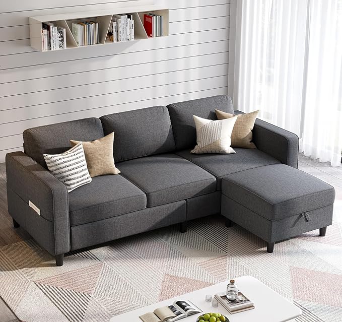 Sectional Sofas Couches for Living Room 78" L-Shaped Small Couch - Modern Linen Dark Grey Sofa with Storage Ottoman for Apartments, Studios Home Offices, Small Space