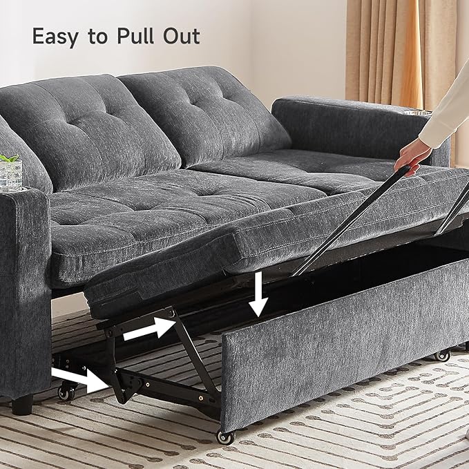 ONBRILL Sleeper Sofa,L-Shaped Sectional Sofa Bed with Storage Chaise,Tool-Free Assembly,Reversible 3 in 1 Pull Out Couch,Couches for Living Room,Apartment,Chenille,Grey