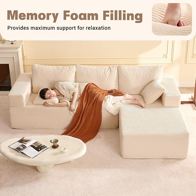 107" Boneless Couch with Deep Seat, Set of Modular Sectional Sofa, Cloud Sectional Couch for Living Room, No Assembly Required, Corduroy, L-Shape Right, White
