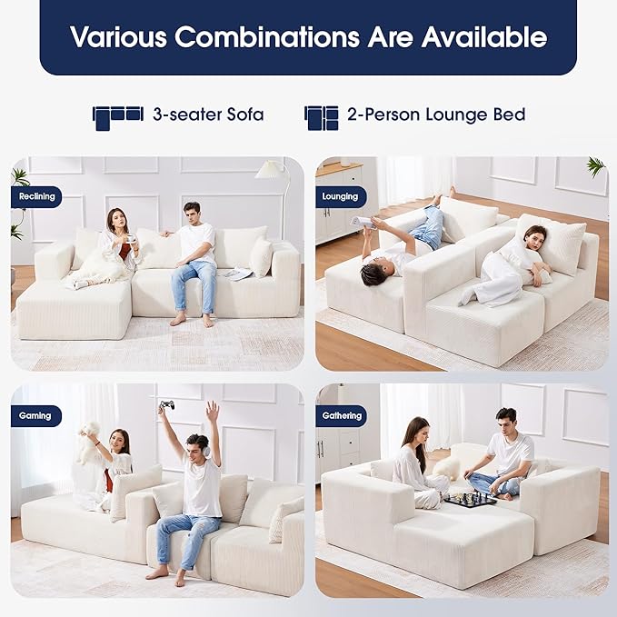 KINGYES 135'' Modular Sectional U Shaped Sofa, Upholstered Corduroy Boneless Couch Cloud Couch for Living Room, Beige