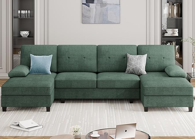 Meilocar Sectional Couches for Living Room, 106 in U Shaped Couch Soft Sectional Sofa with Double Chaise, Comfortable Fabric 4 Seat Sofa Couch for Apartment (Green)