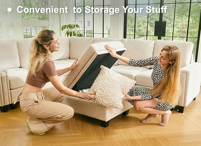 Belffin Modular Sectional Sleeper Sofa with Pull Out Bed Convertible Velvet Sleeper Sofa with Storage Sectional Couches for Living Room Beige