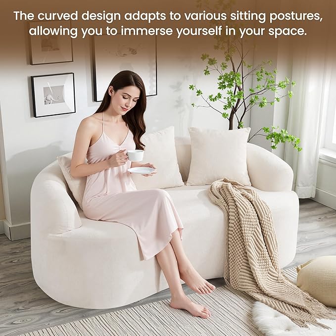 65" Boneless Loveseat Sofa Couch, Modern Comfy Curved Cloud Sofa, Chenille Deep Seat Love Seat Couches for Living Room, No Assembly, Beige