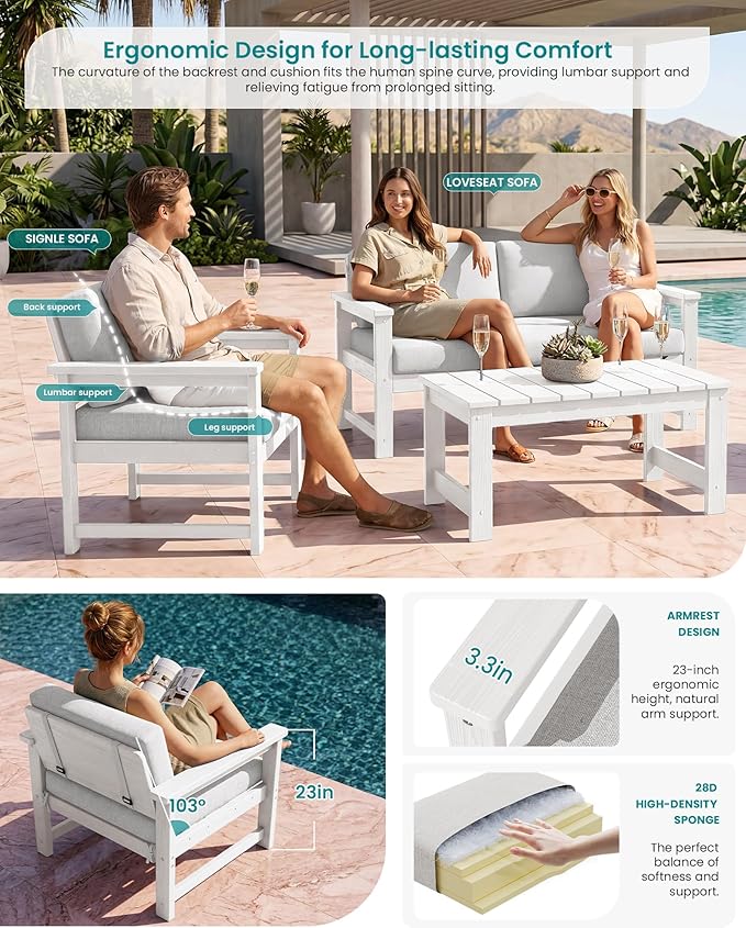 SERWALL HDPE Outdoor Loveseat with Cushions, All Weather Use Outdoor Loveseat Sofa, White Frame/Khaki Cushion