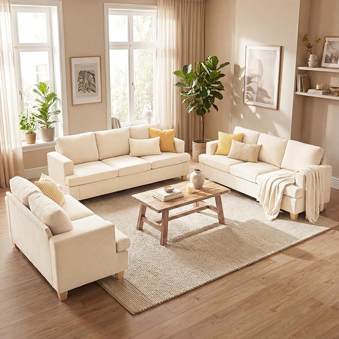 YOUDENOVA Sofa, 3 Piece Set Comfy Sofa, Loveseat & 2 3-Seater Couch with Deep Seats for Living Room, Modern Sleeper Couch, Beige Chenille