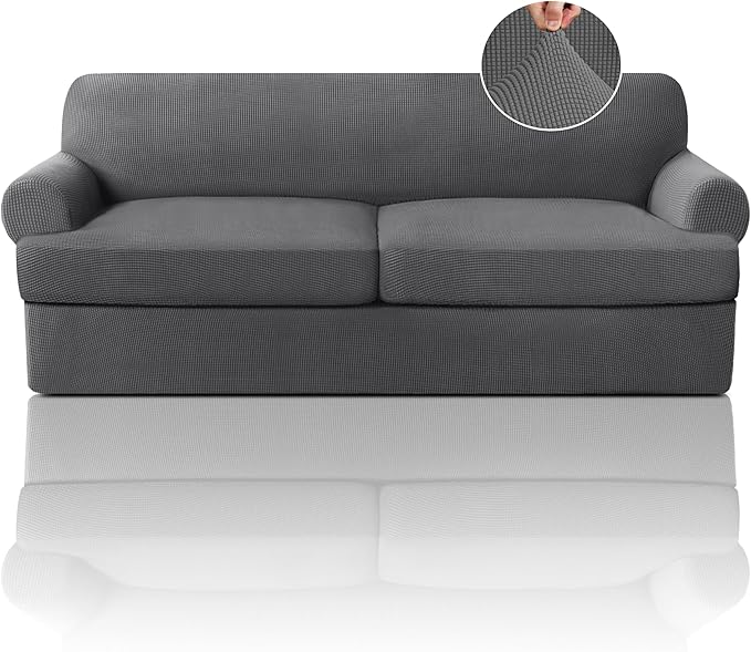PrinceDeco T Cushion Sofa Slipcover 3 Pieces Sofa Covers for T Cushion Couch Soft Couch Covers Sofa Slip Cover Furniture Covers with 2 Individual T Shape Seat Covers Width Up to 88", Grey