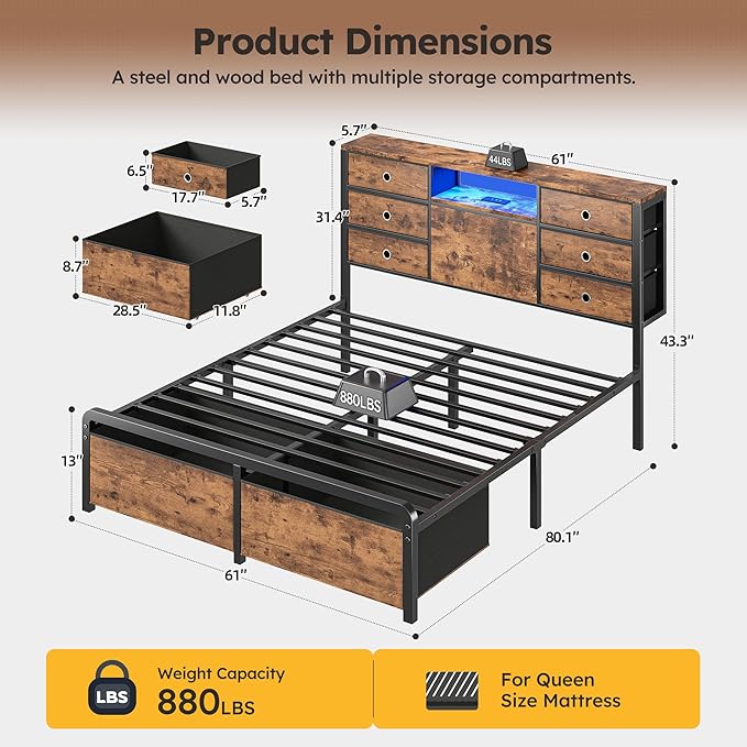 Homkdom Queen Size Bed Frame with 8 Fabric Storage Drawers, LED Lights & Charging Station, Metal Platform Bed Frame with Headboard Storage,No-Noise,Easy Assembly,Modern Brown