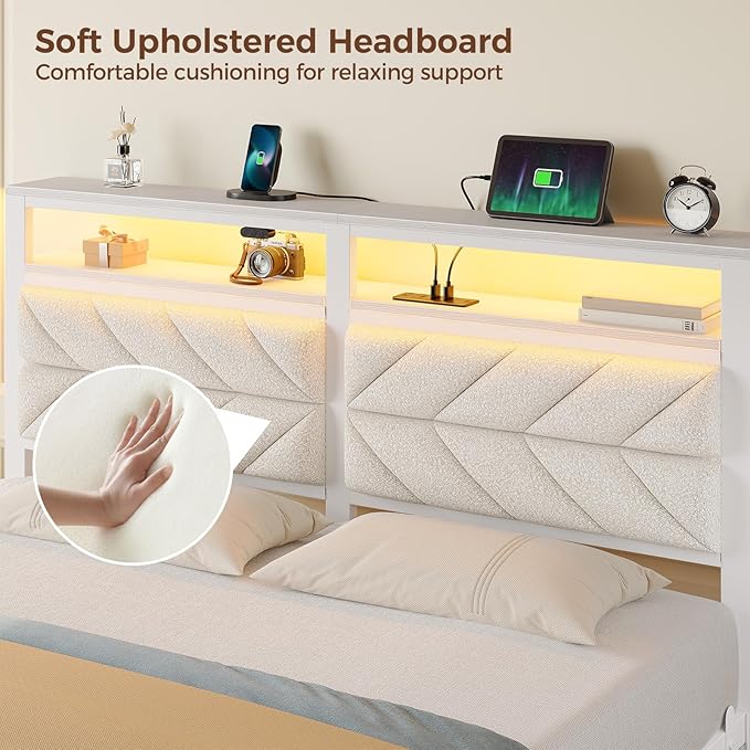 Seventable Bed Frame Queen Size with Charging Station, LED Bed with Upholstered Storage Headboard, Metal Platform Bed with Under Storage, No Box Spring Needed, Noise Free, Easy Assembly, White
