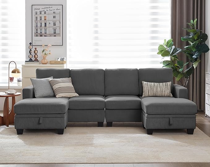 CHIC HOUSE Modular Sectional Sofa with Storage Ottomans, Corduroy Cloud Couch for Small Spaces & Apartments, Reconfigurable L/U Shaped Convertible Corner Sofa (6 Seater Sectional, Dark Grey)
