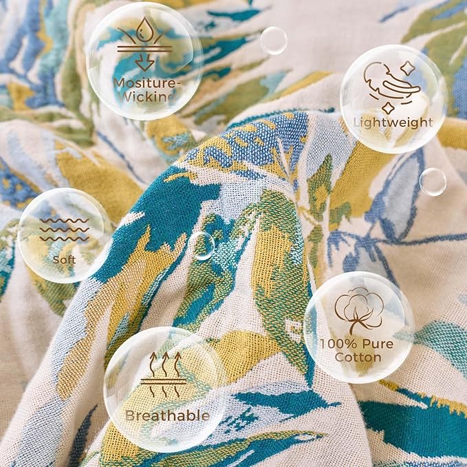 LUTBM Boho Throw Blanket for Bed Cotton Spring Blankets Twin Size for Bedroom Living Room All Season Lightweight Leaves Embroidery Breathable Quilt for Couch Sofa Chair 60"x80" Home Decor