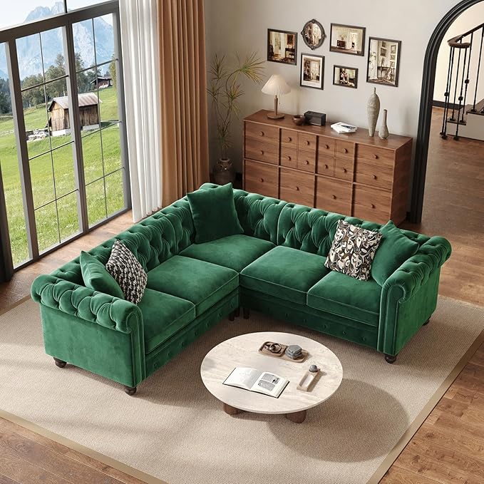 ONBRILL Velvet Chesterfield Sofa, L Shaped Sectional Sofa with Tufted Back & Rolled Arms, 3 Throw Pillows, Small Corner Sectional Couch for Living Room, Apartment, Green | Velvet Fabric