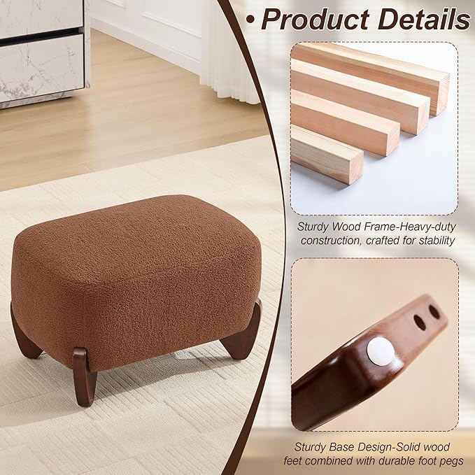 28.7" Sherpa Boucle Ottoman with Solid Wood Legs, Modern Upholstered Footstool, Comfy Ottoman for Living Room, Bedroom, Caramel