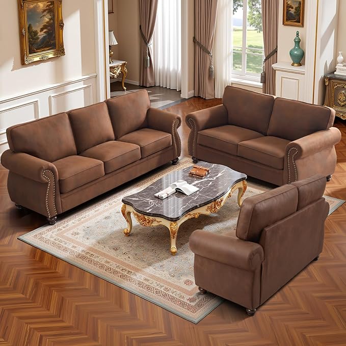 Living Room Furniture Sets,Sofa Sets and Couch Sets for Living Room,Mid-Century Vintage Sofa Couches with Rivet Design (Caramel, 2 Single+3 Seater)