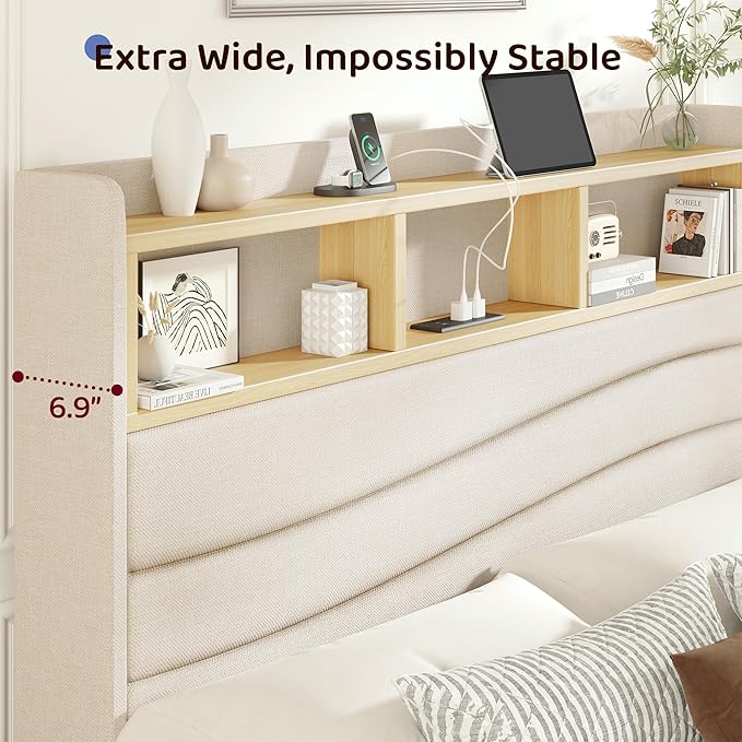 BRELTAM King Size Bed Frame with 6 Storage Drawers, Linen Upholstered Platform Bed with Charging Station,2-Tier Wave-Shaped Headboard Design,No Box Spring Needed,Easy Assembly,Beige