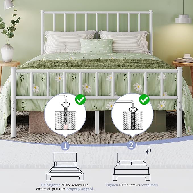 Yaheetech 14 Inch Full Size Bed Frame Metal Platform Bed with Spindle Headboard Footboard/Mattress Foundation/No Box Spring Needed/Underbed Storage Space/Steel Slat Support/Easy Set up, White