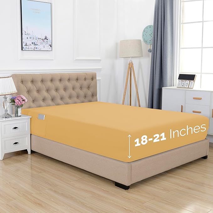 Elegant Comfort 1500 Premium Hotel Quality 18-21 Inches Deep - Extra Deep Pocket Single Fitted Sheet for High Mattress, Luxury and Softest, Smart Pocket - Wrinkle Free, Queen, Gold
