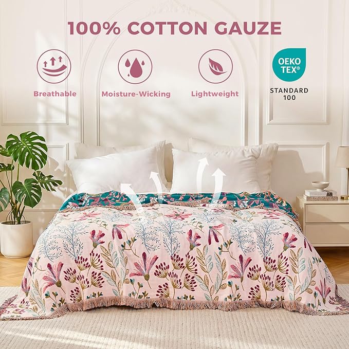 LUTBM Boho Throw Blanket for Couch Sofa Chair Cotton Spring Blankets for Bedroom Living Room All Season Lightweight Reversible Floral Embroidery Throws 50"x60"