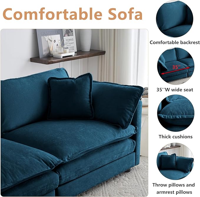 mikibama Modular Sectional Sofa, 76.4 Inch L Shaped Couch Set for Living Room, Loveseat Comfy Cloud Couches with Movable Ottoman, DIY Combination, Chenille, Blue