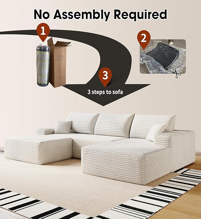 108" Sectional Couches for Living Room Cloud Couch Sofa with L-Shape Upholstered Boneless Couchs Modern Modular Sectional Couch with Chaise (White, 108" Right Facing Chaise+2Seaters+1Ottoman)