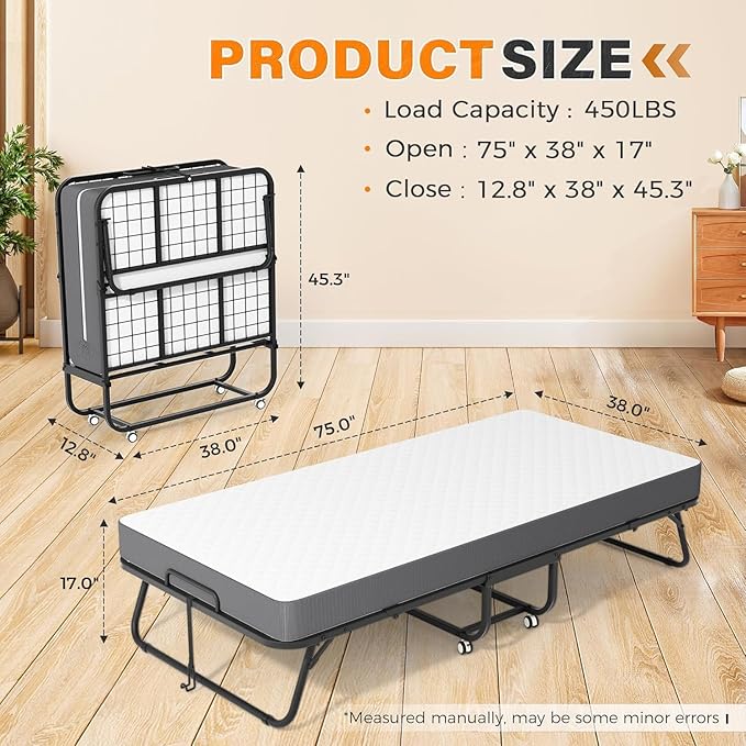 Folding Bed with 5 Inch Memory Mattress, 75” x 38” Foldable Twin Size with Wheels for Adults, Portable Rollaway Bed with Metal Frame for Apartment