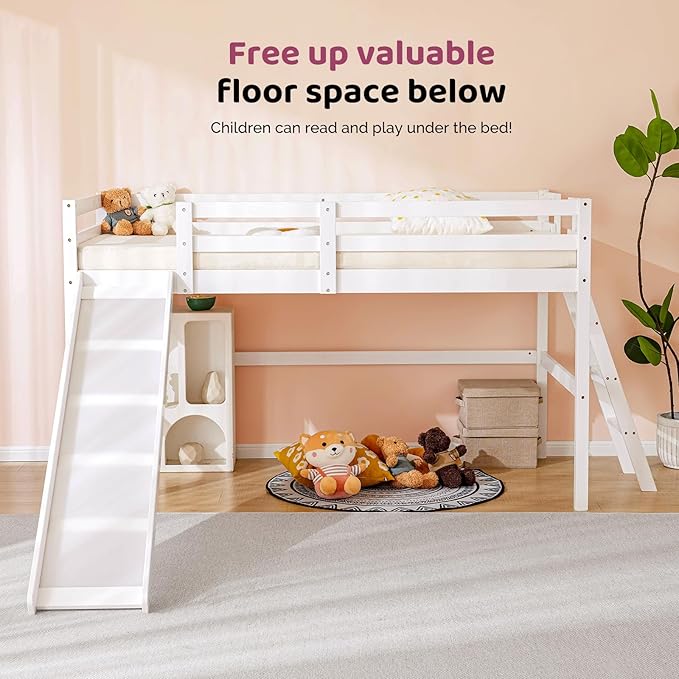 VINGLI Loft Bed with Slide, Twin Space Saving Kids Low Loft with Guardrail and Ladder, Pine Wood and Sturdy Single Bed Frame for Boys and Girls, White