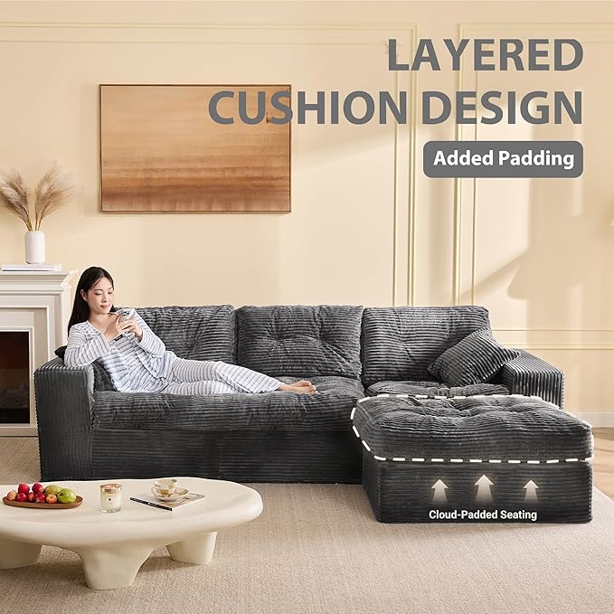 Modular Sectional Sofa, 102” L-Shaped Corduroy Couch with Ottoman, Deep Seat Comfy Sectional for Living Room, Set of Soft Upholstered Cloud Couch for Apartment, Gray