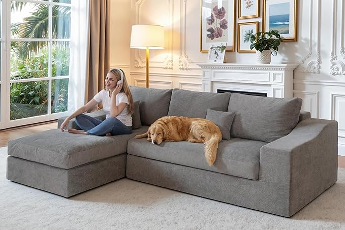 HABUTWAY 101'' Modular Sectional Sofa, Cloud Sectional Couches for Living Room, Comfy Boneless Couch with Deep Seat, Modern L-Shape Sofa with Chaise, No Assembly Required (Grey, Left Facing Chaise)