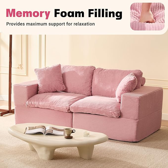 74.8” Set of Cloud Couch, Modular Loveseat Sofa, Convertible Sofas Bed, Deep Seat Sofa, Cozy Sofa for Living Room, Office and Bedroom, Corduroy, Pink