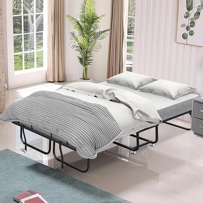Espsilto Full Size Folding Bed with Mattress - Extra Large Size 75''x54'' Foldable Rollaway Bed for Guest, Space Saving Fold Up for Easy Storage