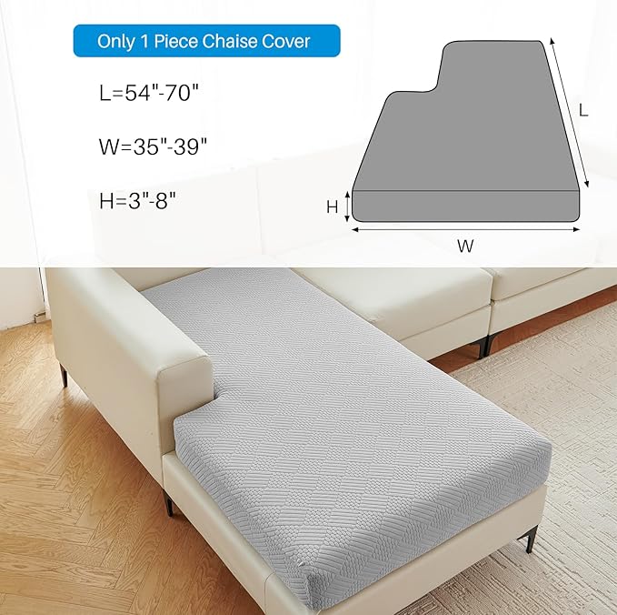 Deep Dream Sectional Couch Covers, 1 Piece Chaise Lounge Slipcover L Shape for Sectional Sofa, Separate Couch Cushion Chaise Cover for Both Left/Right Sectional Couch (1 Piece Chaise, Light Grey)