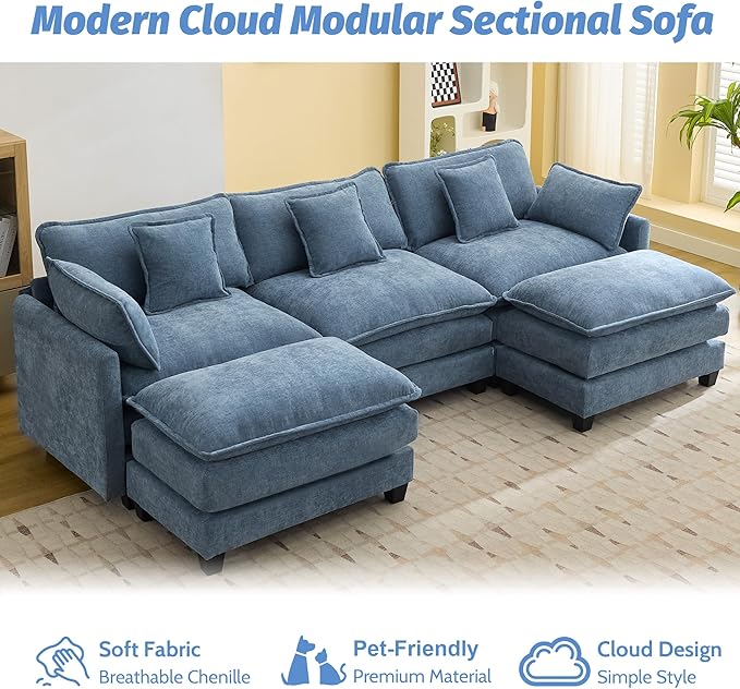 111'' Sectional Cloud Deep Seat Couch, Oversized Chenille U Shaped Sectional Sofa for Living Room Set, Comfy Upholstered Modular 5-Seats Sectional Sofa Couch with 2 Movable Ottoman, Blue