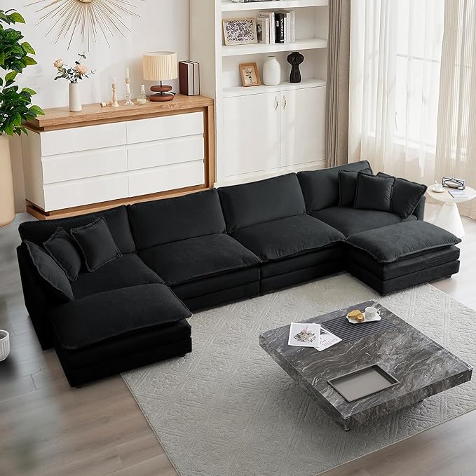 mikibama Modular Sectional Sofa, 146.5 Inch U Shaped Couch Set for Living Room, 4-Seater Comfy Cloud Couches with Two Movable Ottoman, DIY Combination, Chenille, Black