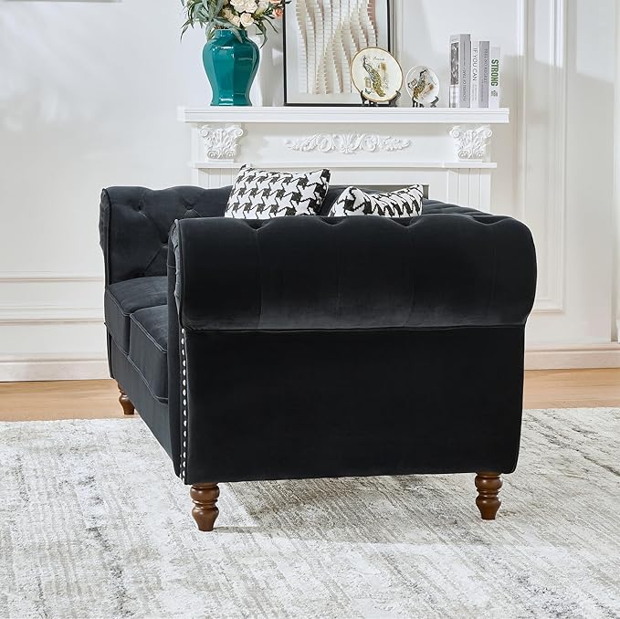 Comfortable Straight-Row Sofa with 2 Pillows,67" Refined Velvet 2 Seat Sofa with Roll Armrest & Nailhead,Sturdy Structure Upholstered Loveseat Couch for Apartment,Office,Reception Area,Black