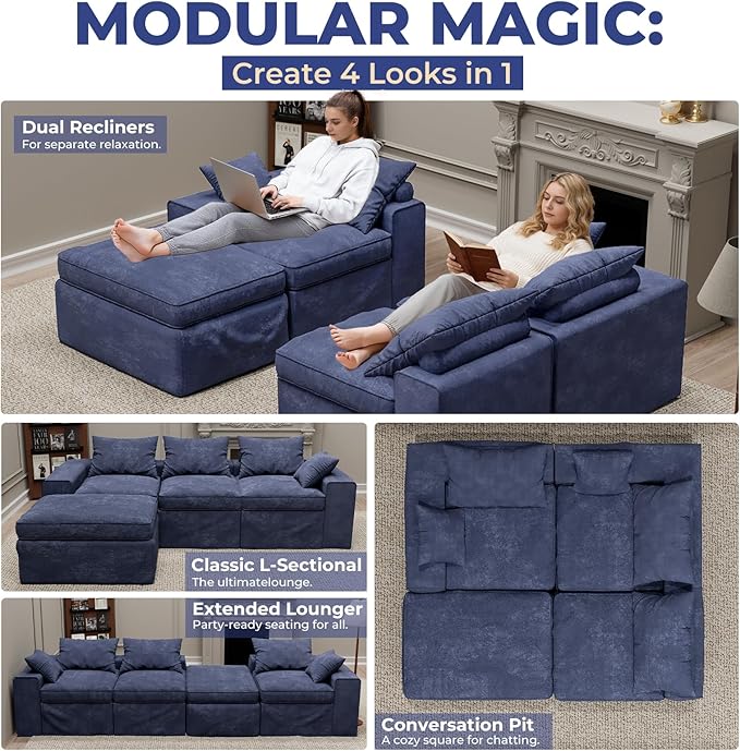 108 Inch Cloud Sectional Couch, Modular Sectional Sofa with Deep Seat, Convertible L-Shape Couch with Ottoman, 3 Seater Cloud Couches for Living Room, No Assembly Required (Blue)