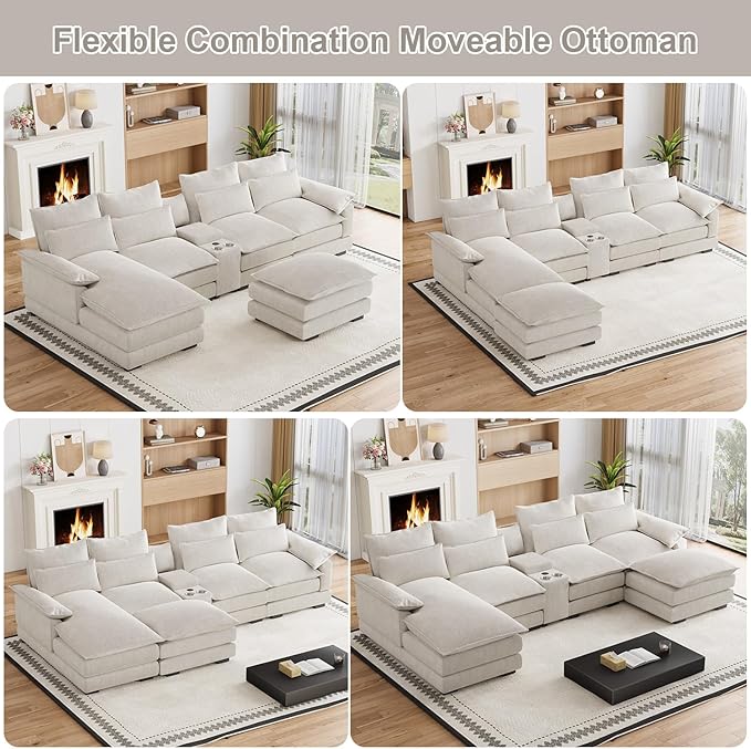 135" U Shaped Cloud Couch Sectional Modular Sectional Couches for Living Room Oversized Comfy Chenille Sofa Cloud Couch Set with Storage Central Console, USB Ports, Chaise Lounge, Ottoman, Cream White