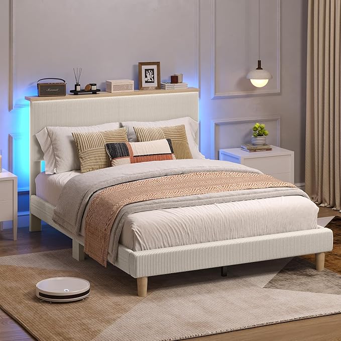 Bestier Full Bed Frame with Adjustable Headboard & LED Lighting, Corduroy Upholstered Platform Bed Frame with Storage Shelf, Solid Wood Slats, No Box Spring Needed, Never Squeak, Easy Assembly, Beige