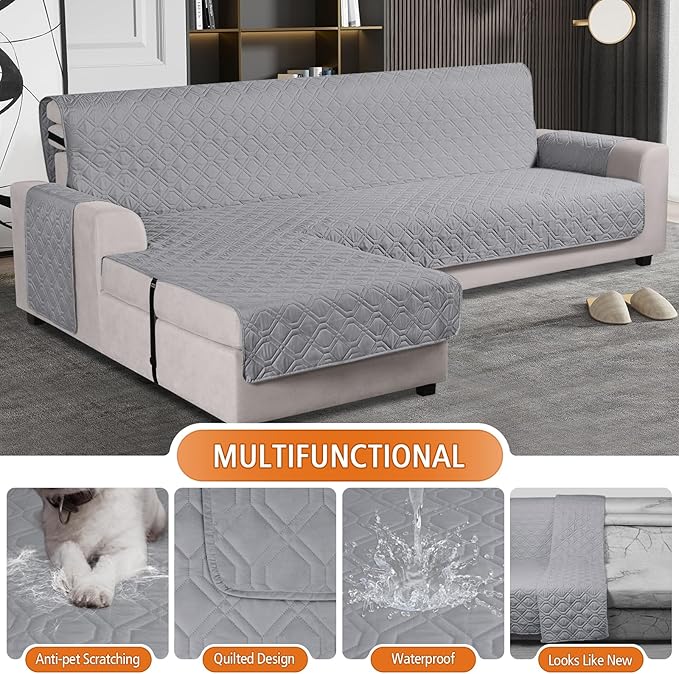 VANSOFY Upgraded Sectional Couch Covers 100% Waterproof L Shaped Sofa Slipcover Reversible Chaise Lounge Cover for Sectional Sofa Furniture Protector Cover for Pets Dog Cat(Large, Light Gray)