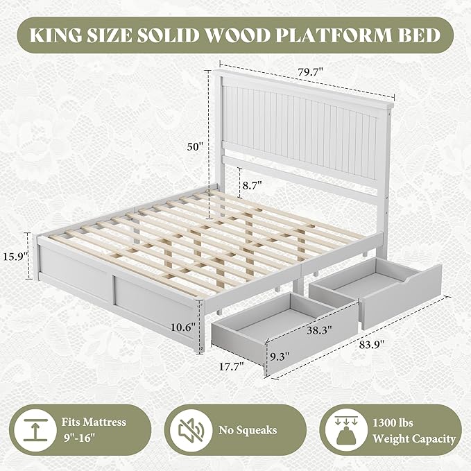 AMERLIFE Solid Wood King Size Storage Bed Frame with Headboard, Platform Bedframe with 2 Storage Drawers, Beadboard Design & Wooden Slats/No Box Spring Needed/Noise-Free, Coastal White Finish